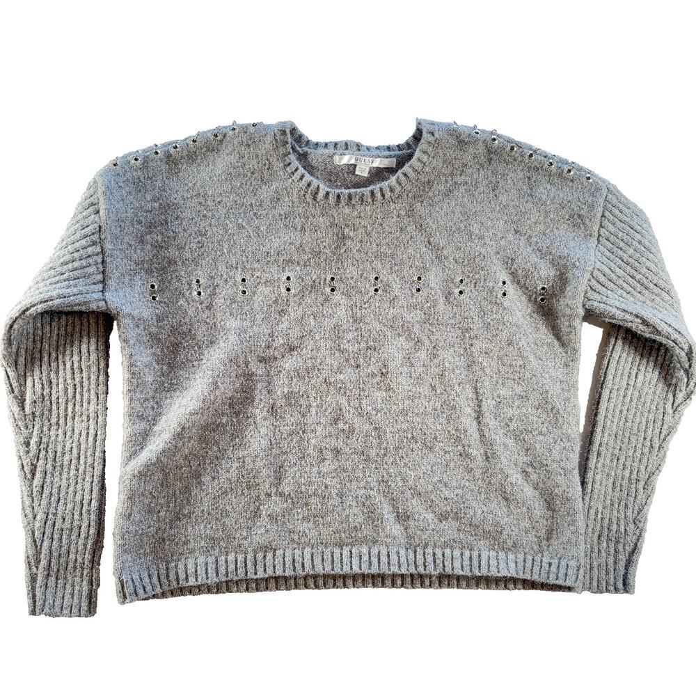 GUESS Women’s Grommet Ring Ribbed Mix Sweater Gray Stretchy Size Small